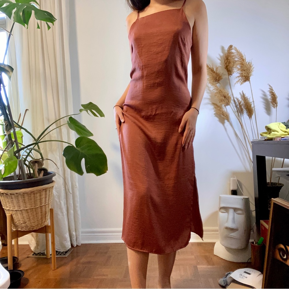 Satin burnt sienna midi slip dress